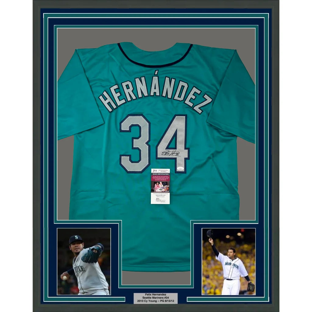 Framed autographed Felix Hernandez Seattle Mariners teal jersey with number 34