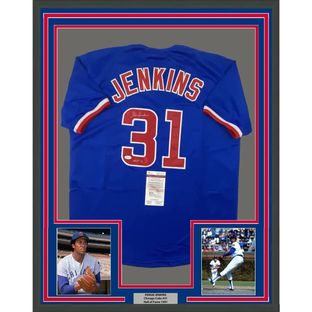 Framed Autographed Ferguson Fergie Jenkins 35x39 HOF 91 Chicago Blue Baseball Jersey JSA COA | Hall of Fame Sports Memorabilia | vintageantiquesgifts.com
