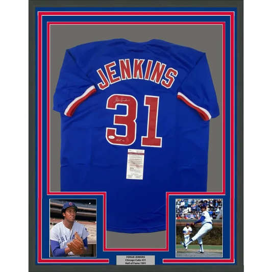 Framed Chicago Blue Fergie Jenkins signed jersey with photos and JSA COA collectible