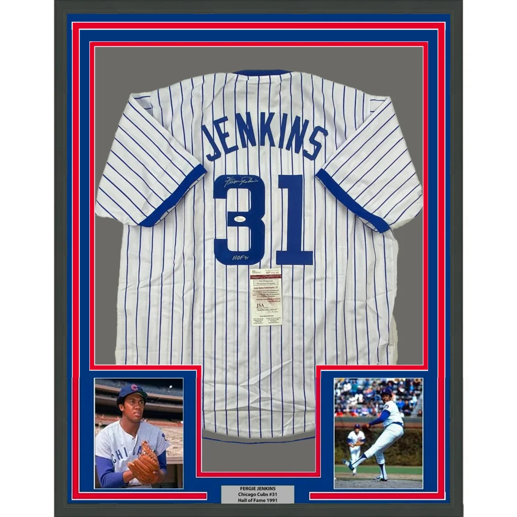 Framed autographed Fergie Jenkins Chicago pinstripe jersey with JSA COA