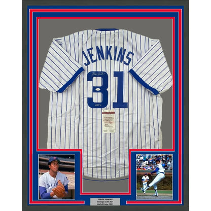 Framed autographed Fergie Jenkins Chicago pinstripe jersey with JSA COA