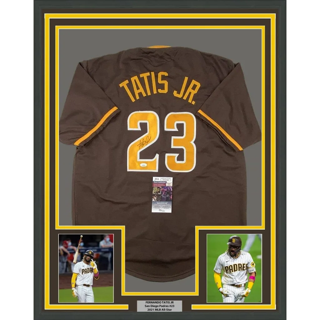 Framed autographed Fernando Tatis Jr. brown Padres jersey #23 with JSA COA