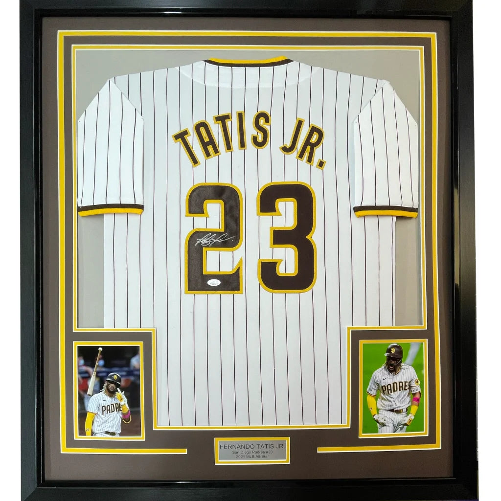 Framed Autographed Fernando Tatis Jr. 35x39 San Diego Pinstripe Baseball Jersey JSA COA | Hall of Fame Sports Memorabilia | vintageantiquesgifts.com