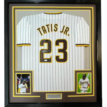 Framed Autographed Fernando Tatis Jr. 35x39 San Diego Pinstripe Baseball Jersey JSA COA | Hall of Fame Sports Memorabilia | vintageantiquesgifts.com