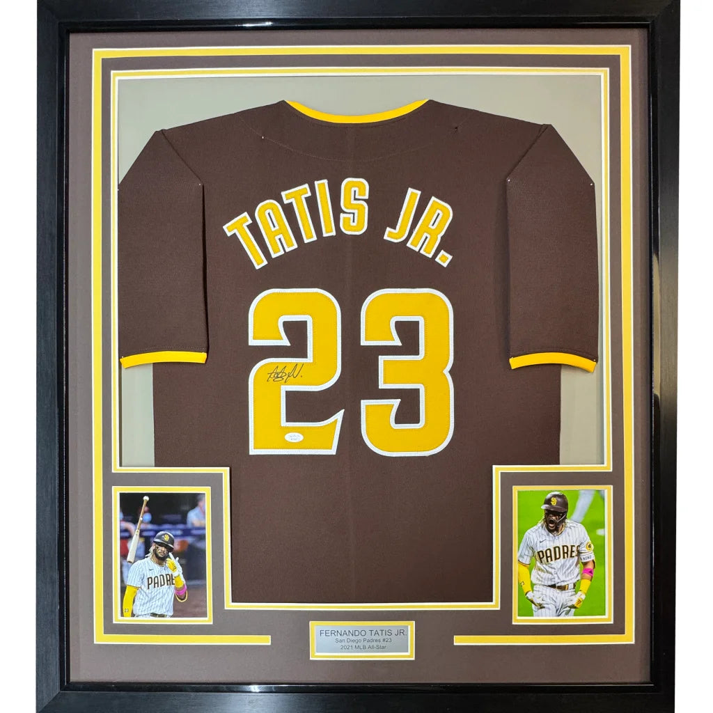 Framed Autographed Fernando Tatis Jr. 35x39 Slam Diego San Brown Baseball Jersey JSA COA | Hall of Fame Sports Memorabilia | vintageantiquesgifts.com