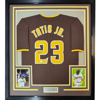 Framed Autographed Fernando Tatis Jr. 35x39 Slam Diego San Brown Baseball Jersey JSA COA | Hall of Fame Sports Memorabilia | vintageantiquesgifts.com