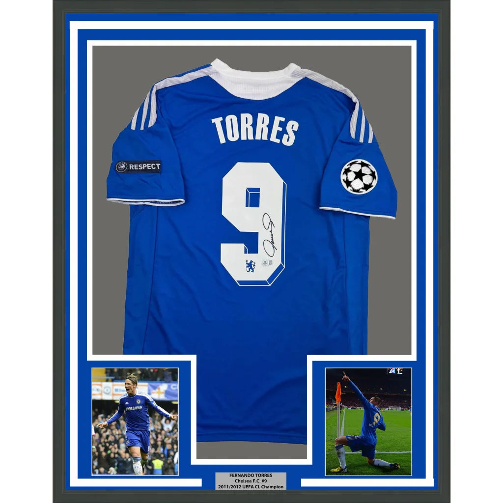 Back of framed autographed Fernando Torres Chelsea FC blue jersey with number 9, Torres name, signature, Beckett BAS COA