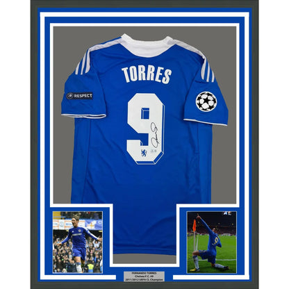 Back of framed autographed Fernando Torres Chelsea FC blue jersey with number 9, Torres name, signature, Beckett BAS COA