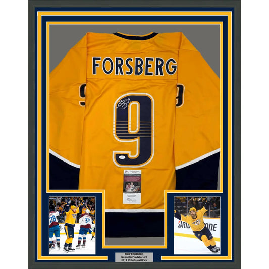 Framed Autographed Filip Forsberg 35x39 Nashville Yellow Hockey Jersey JSA COA | Hall of Fame Sports Memorabilia | vintageantiquesgifts.com