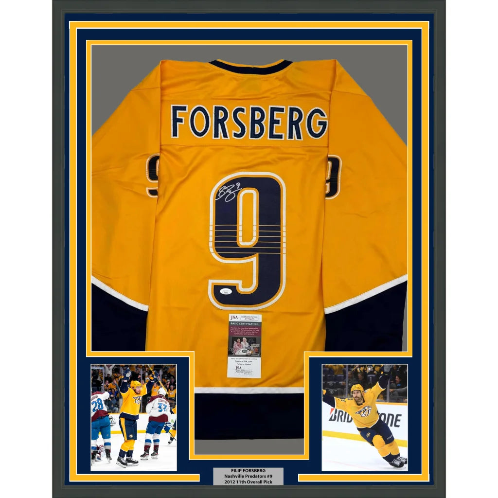 Autographed Forsberg Number 9 yellow hockey jersey with action photos and plaque