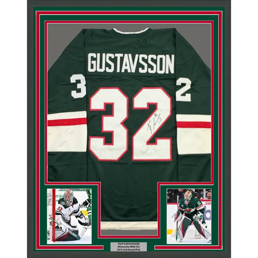 Framed signed Filip Gustavsson Minnesota Wild green jersey back, no. 32, JSA COA