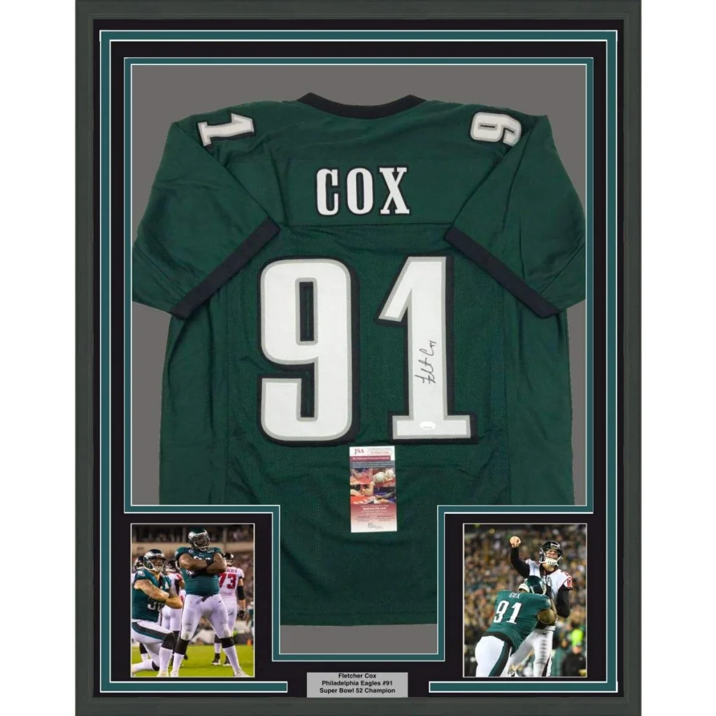 Framed Fletcher Cox Eagles jersey with player photos and JSA COA for your man cave