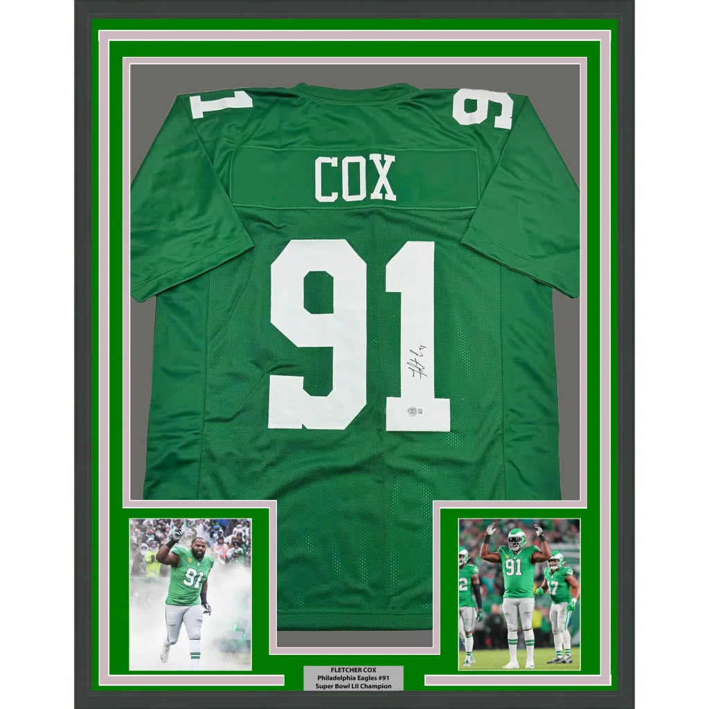 Framed autographed Fletcher Cox Philadelphia Eagles green jersey with 91 Cox signature