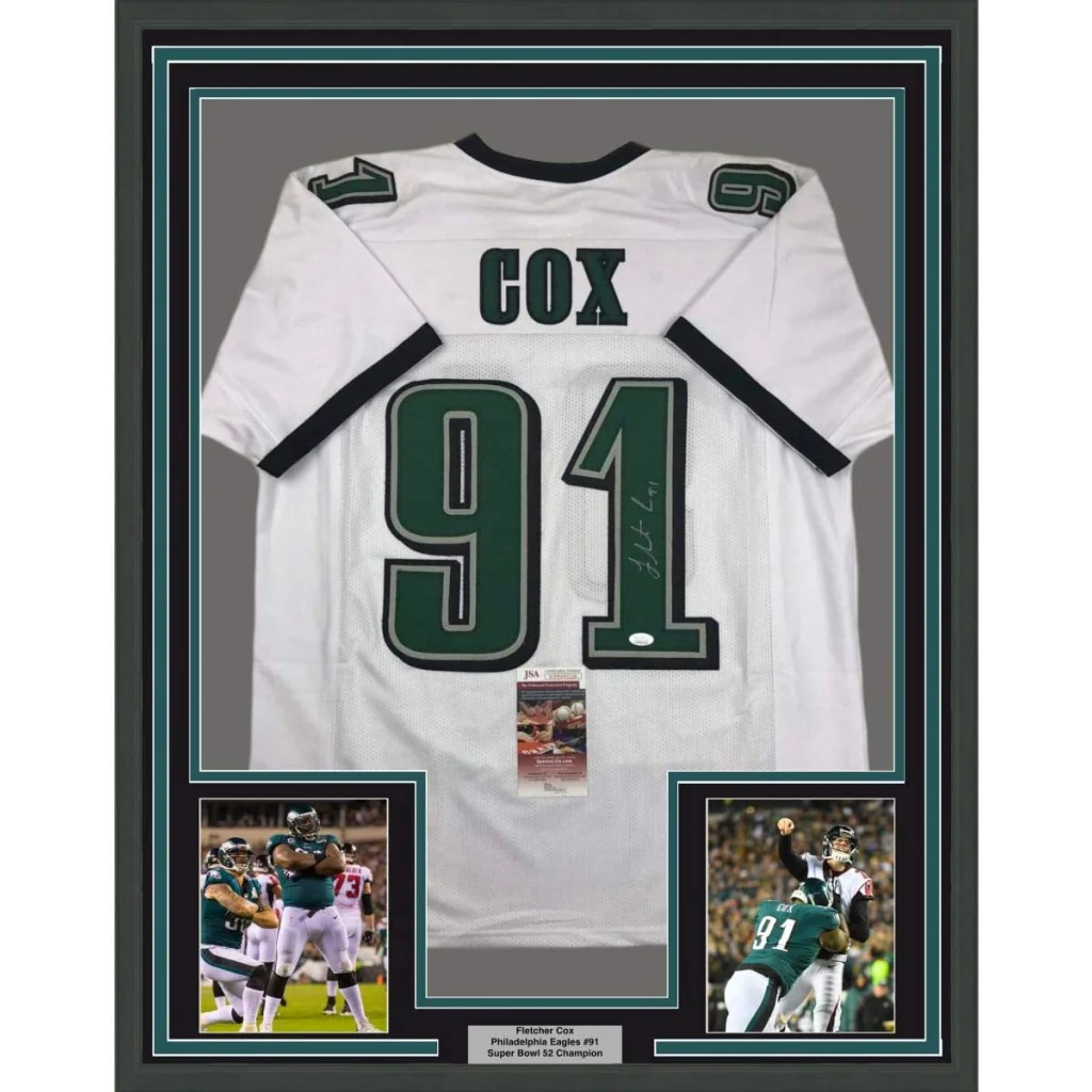 Framed Fletcher Cox Eagles jersey for man cave with autograph and photos