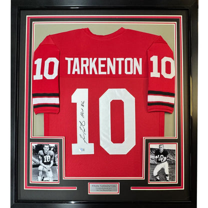 Framed autographed Fran Tarkenton Georgia red jersey with number 10