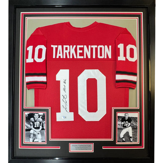 Framed autographed Fran Tarkenton Georgia red jersey with number 10