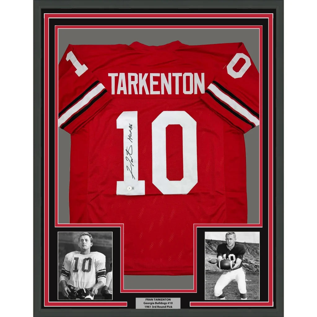 Framed Fran Tarkenton signed Georgia Bulldogs red jersey with two black and white photos