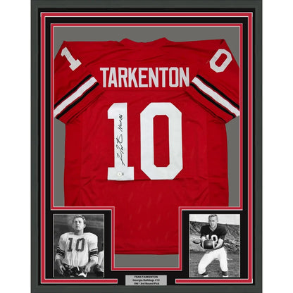 Framed Fran Tarkenton signed Georgia Bulldogs red jersey with two black and white photos