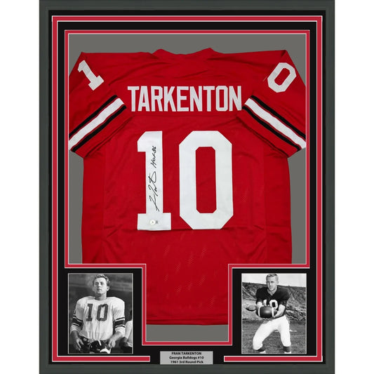 Framed Fran Tarkenton signed Georgia Bulldogs red jersey with two black and white photos