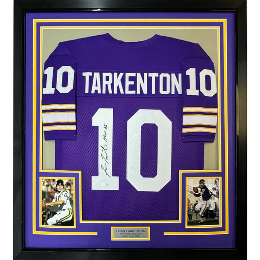 Framed Autographed Fran Tarkenton HOF 86 35x39 Minnesota Purple Football Jersey JSA COA | Hall of Fame Sports Memorabilia | vintageantiquesgifts.com