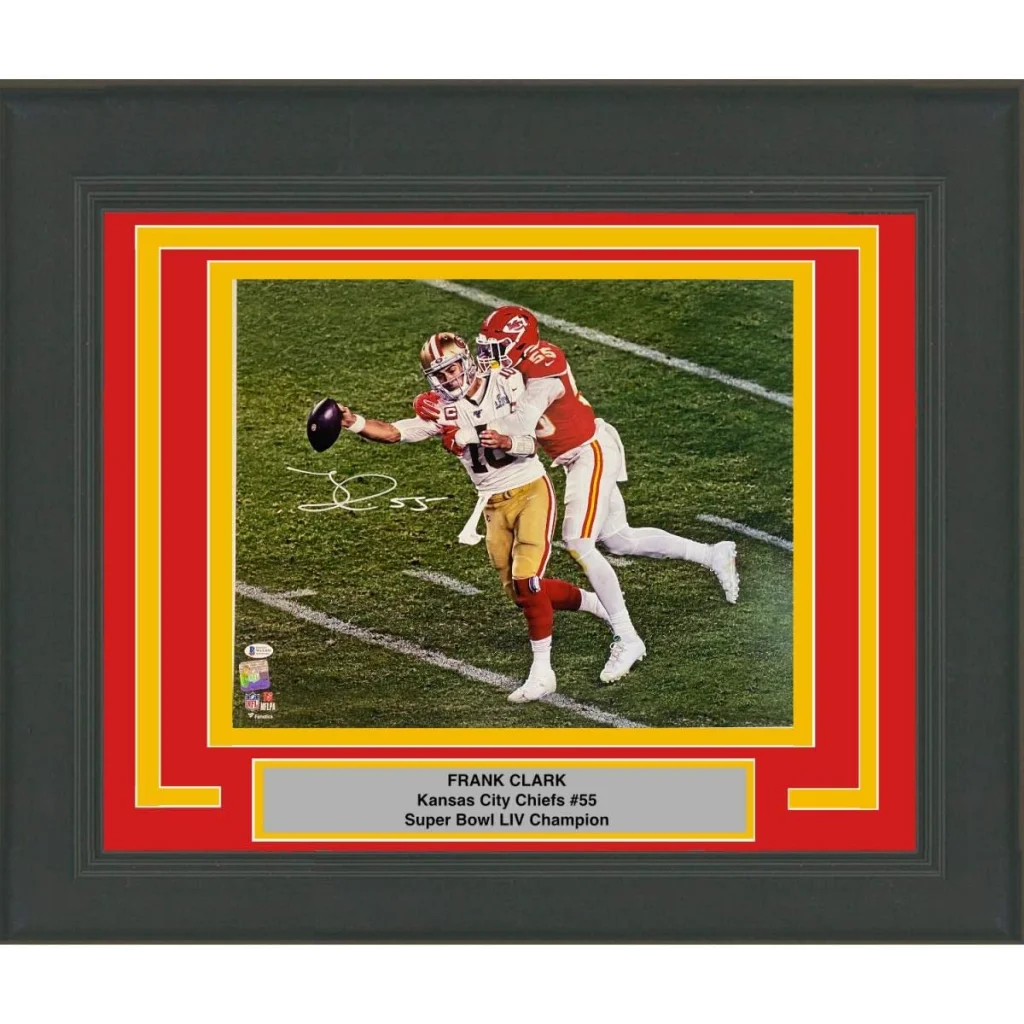 Framed Autographed Frank Clark Super Bowl LIV Sack Kansas City Chiefs 16x20 Football Photo Beckett BAS COA | Hall of Fame Sports Memorabilia | vintageantiquesgifts.com