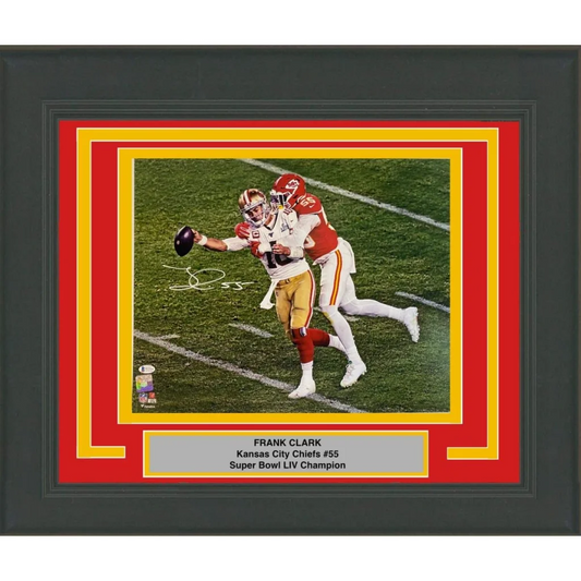 Framed Autographed Frank Clark Super Bowl LIV Sack Kansas City Chiefs 16x20 Football Photo Beckett BAS COA | Hall of Fame Sports Memorabilia | vintageantiquesgifts.com