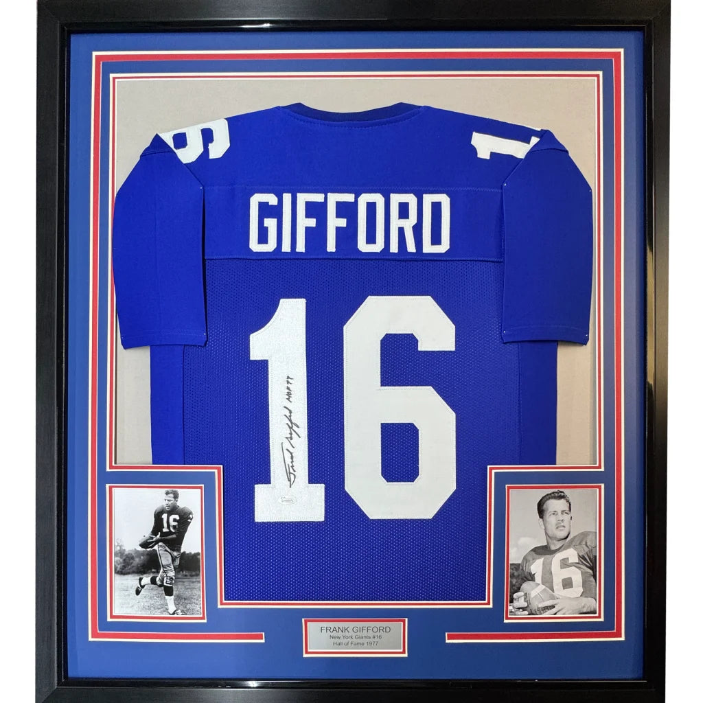 Autographed blue Gifford 16 football jersey with photos and nameplate