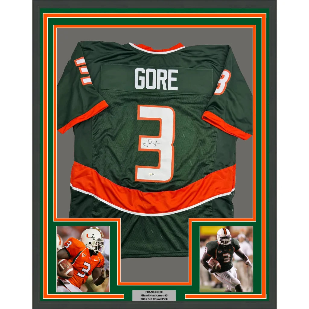 Framed Autographed Frank Gore 35x39 Miami Green Football Jersey JSA COA | Hall of Fame Sports Memorabilia | vintageantiquesgifts.com