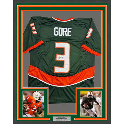 Framed Autographed Frank Gore 35x39 Miami Green Football Jersey JSA COA | Hall of Fame Sports Memorabilia | vintageantiquesgifts.com