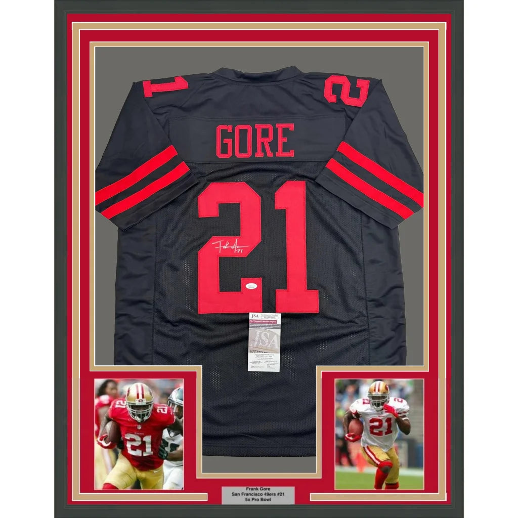 Professionally framed Frank Gore San Francisco jersey with autograph and player photos