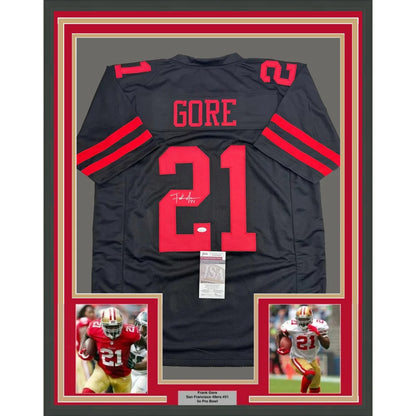 Professionally framed Frank Gore San Francisco jersey with autograph and player photos