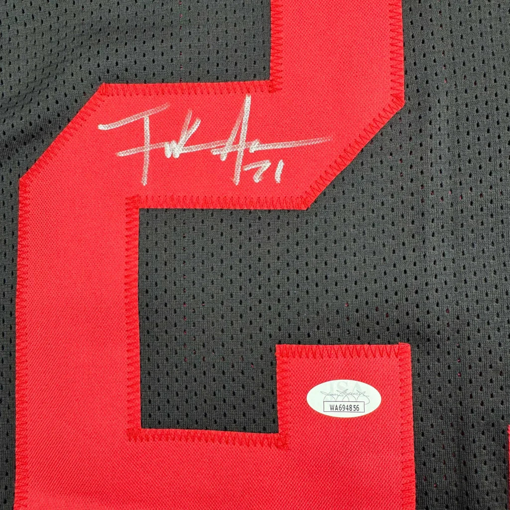 Black and red professionally framed Frank Gore San Francisco jersey with autograph and sticker