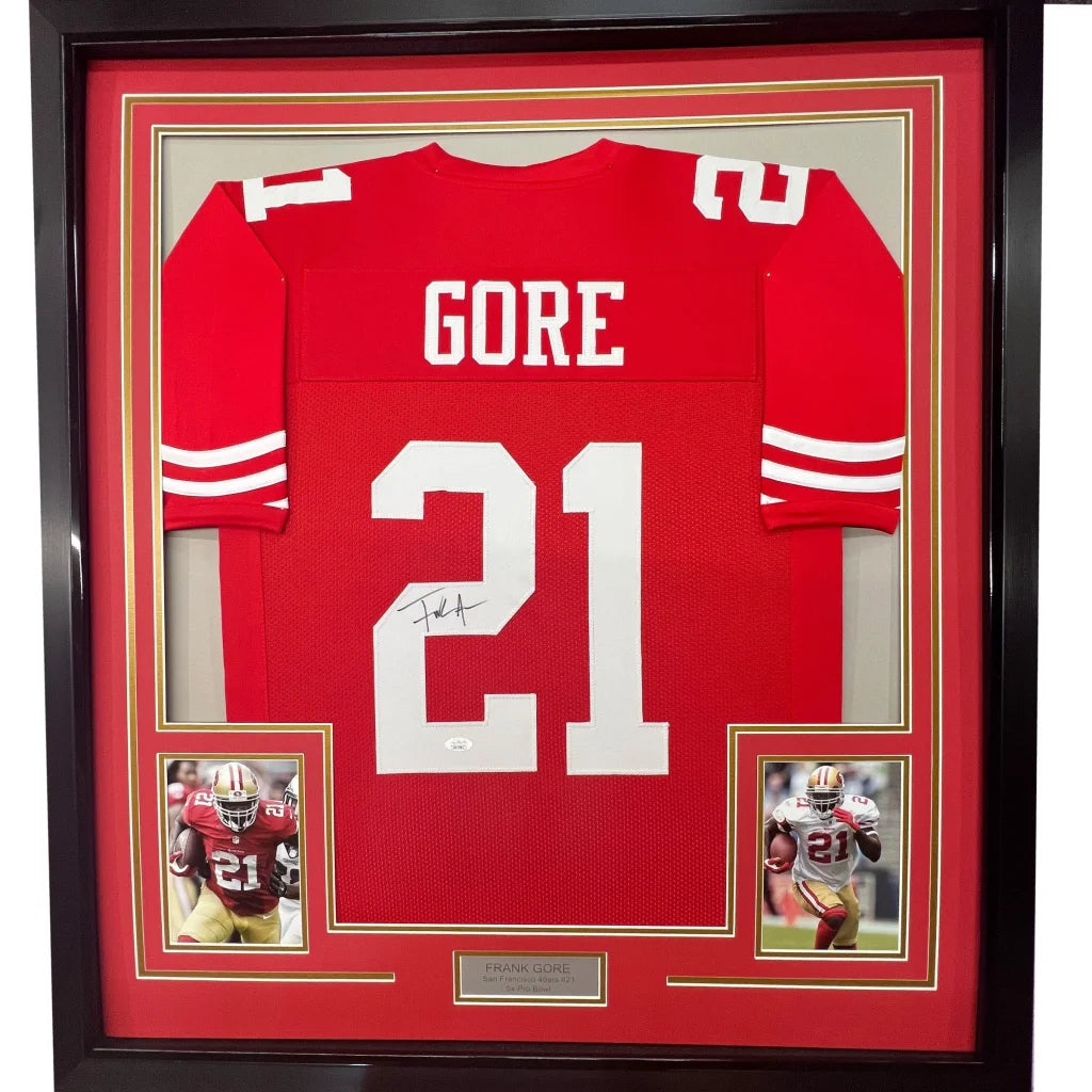 Framed Frank Gore signed football jersey with photos for your man cave, professionally framed