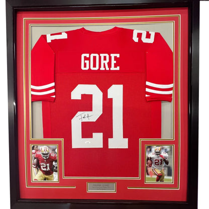 Framed Frank Gore signed football jersey with photos for your man cave, professionally framed