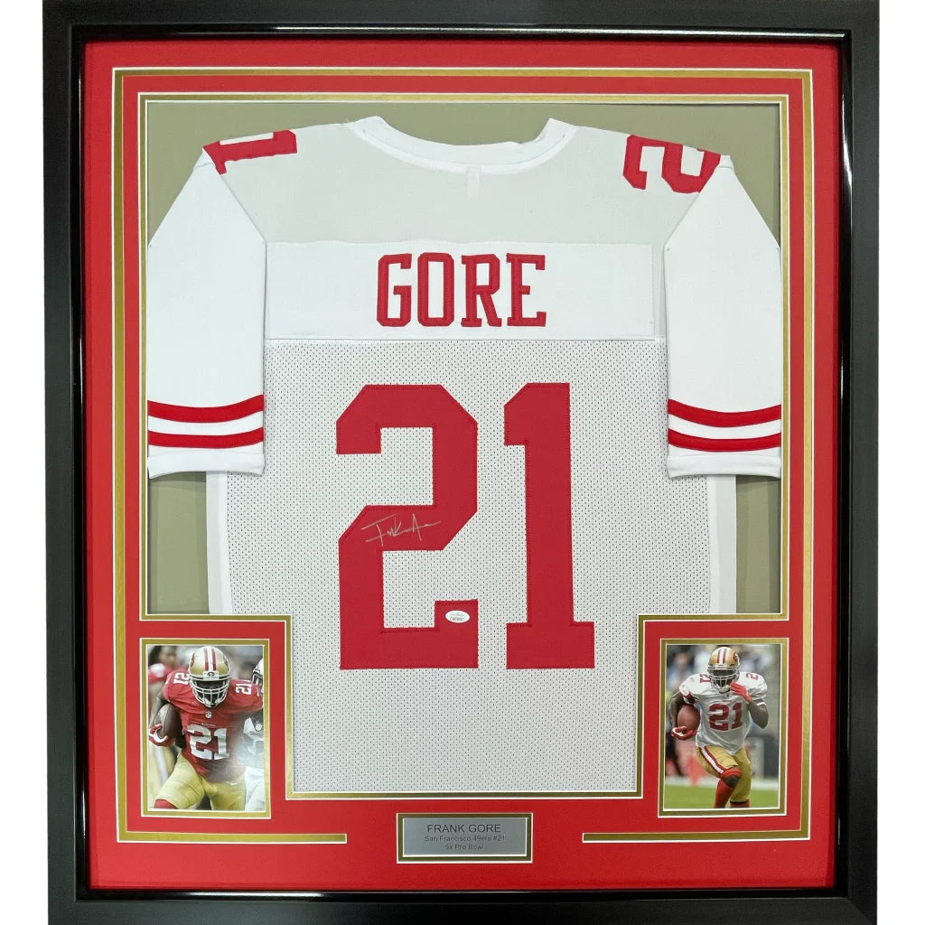 Framed Autographed Frank Gore 35x39 San Francisco White Football Jersey Beckett BAS COA | Hall of Fame Sports Memorabilia | vintageantiquesgifts.com