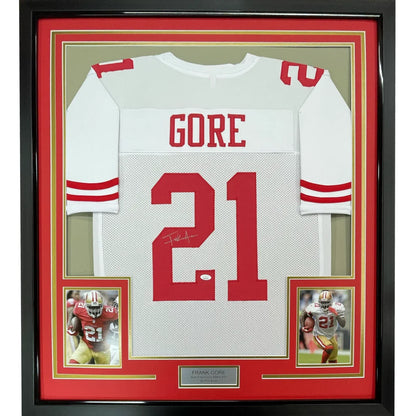 Framed Autographed Frank Gore 35x39 San Francisco White Football Jersey Beckett BAS COA | Hall of Fame Sports Memorabilia | vintageantiquesgifts.com