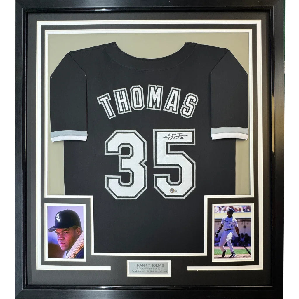 Framed Autographed Frank Thomas 35x39 Chicago Black Baseball Jersey JSA COA | Hall of Fame Sports Memorabilia | vintageantiquesgifts.com