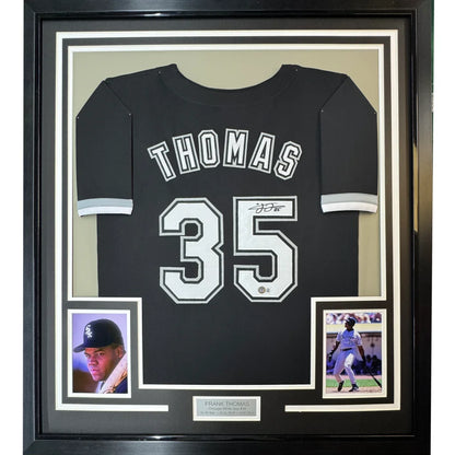 Framed Autographed Frank Thomas 35x39 Chicago Black Baseball Jersey JSA COA | Hall of Fame Sports Memorabilia | vintageantiquesgifts.com