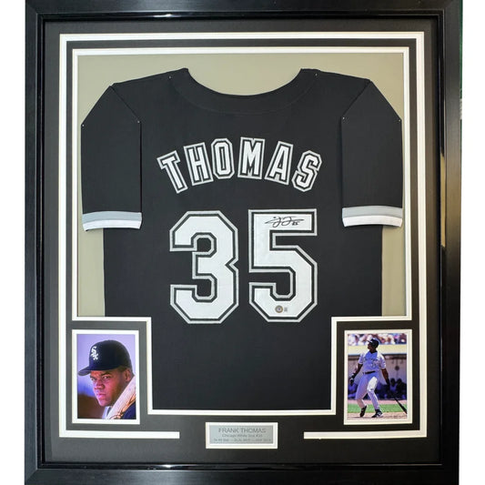 Framed Autographed Frank Thomas 35x39 Chicago Black Baseball Jersey JSA COA | Hall of Fame Sports Memorabilia | vintageantiquesgifts.com