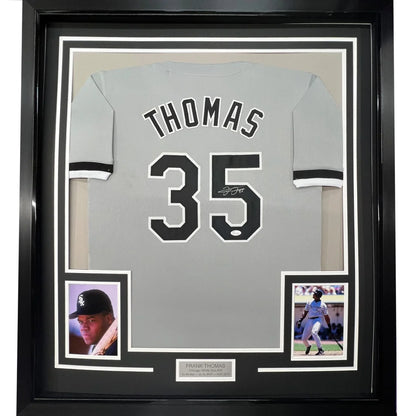 Framed Autographed Frank Thomas 35x39 Chicago Grey Baseball Jersey JSA COA | Hall of Fame Sports Memorabilia | vintageantiquesgifts.com