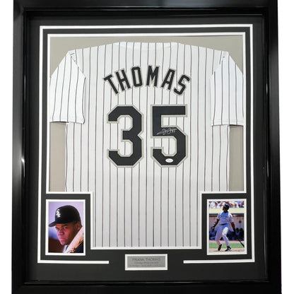 Framed Autographed Frank Thomas 35x39 Chicago Pinstripe Baseball Jersey JSA COA | Hall of Fame Sports Memorabilia | vintageantiquesgifts.com
