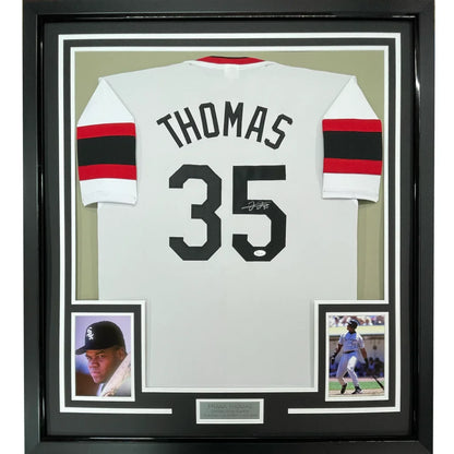 Framed autographed Frank Thomas Chicago white retro baseball jersey with name Thomas and number 35