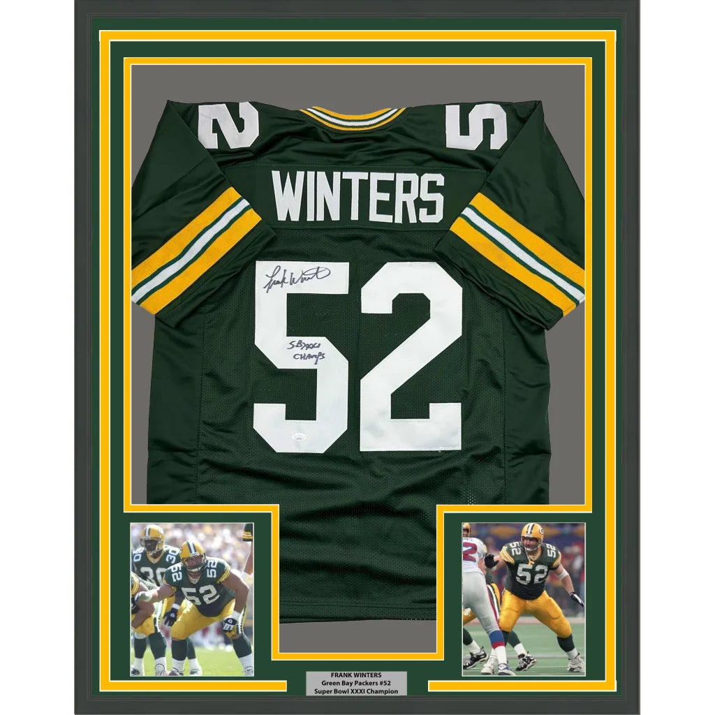 Framed back side of green and yellow Green Bay Packers autographed football jersey number 52 Winters with JSA COA