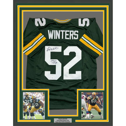 Framed back side of green and yellow Green Bay Packers autographed football jersey number 52 Winters with JSA COA