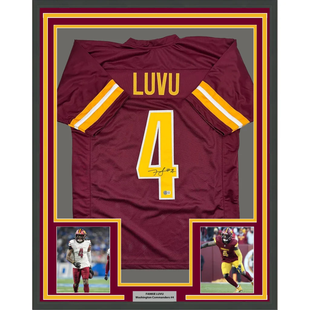 Framed Autographed Frankie Luvu 35x38 Washington Burgundy Football Jersey Beckett BAS COA | Hall of Fame Sports Memorabilia | vintageantiquesgifts.com