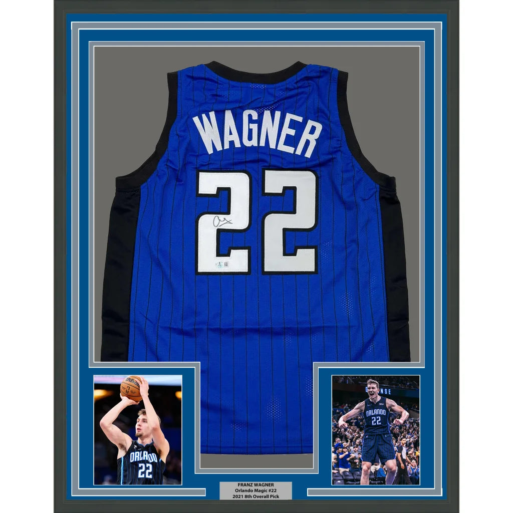 Framed Autographed Franz Wagner 35x39 Orlando Blue Basketball Jersey Beckett BAS COA | Hall of Fame Sports Memorabilia | vintageantiquesgifts.com