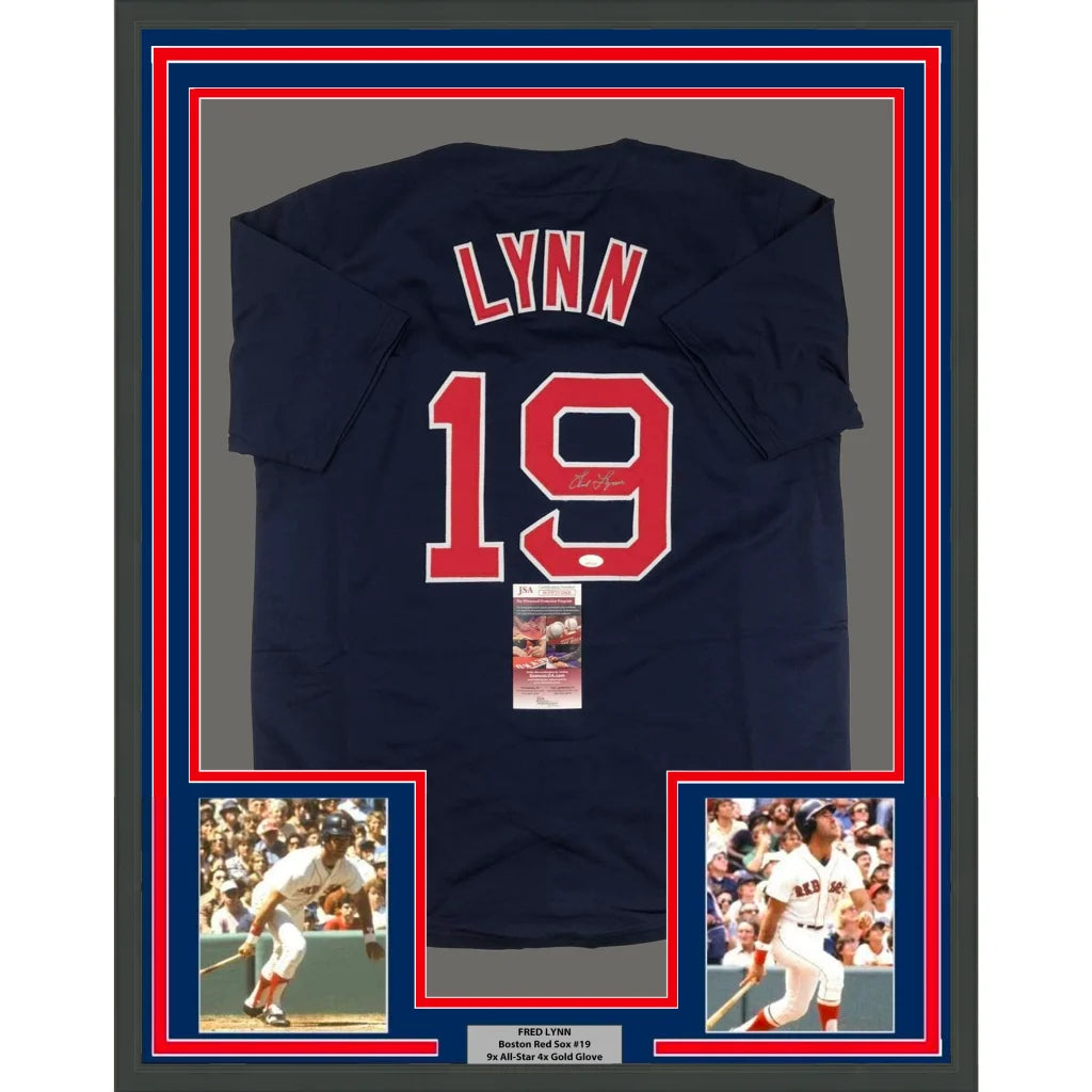Framed Autographed Fred Lynn 35x39 Boston Blue Baseball Jersey JSA COA | Hall of Fame Sports Memorabilia | vintageantiquesgifts.com