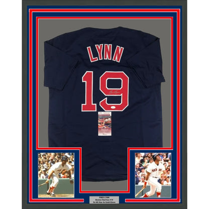 Framed Autographed Fred Lynn 35x39 Boston Blue Baseball Jersey JSA COA | Hall of Fame Sports Memorabilia | vintageantiquesgifts.com