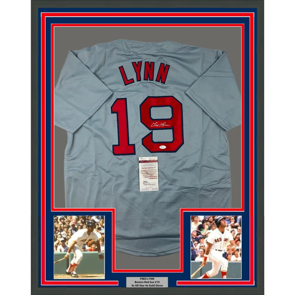 Framed autographed Boston Red Sox Fred Lynn gray jersey back with Lynn 19 signature JSA COA