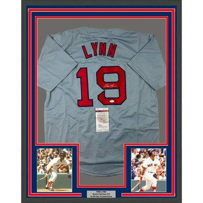 Framed autographed Boston Red Sox Fred Lynn gray jersey back with Lynn 19 signature JSA COA